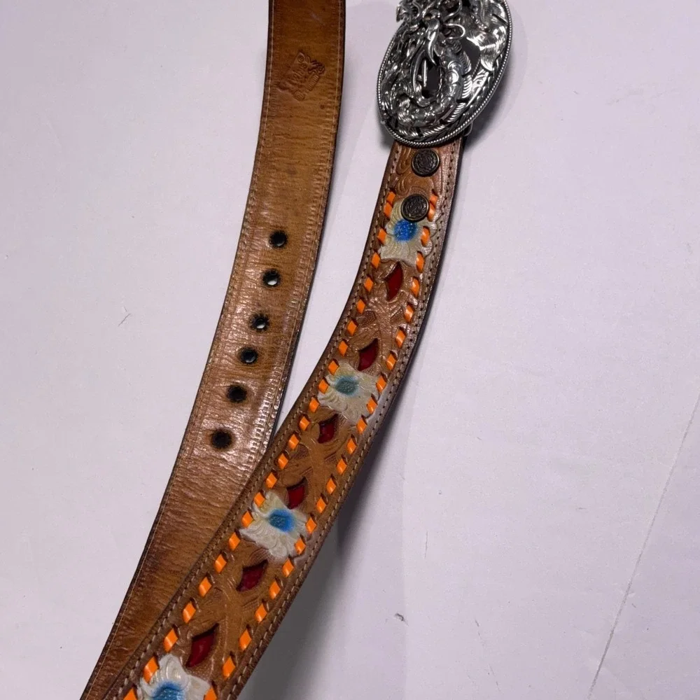 Heavy Leather Western Belt Mens‎ 44 Thai Dragon Stainless Steel Buckle